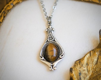Tigers Eye Pendant Necklace in Vintage Style - Choose from a variety of Stones and Shells in Antiqued Silver or Brass