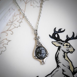 Black and Gray Snowflake Obsidian Drop Necklace Victorian Style - Choose from a variety of Stones and Shells in Antiqued Silver or Brass