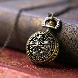 Dragonfly Necklace, Insect Watch Pendant Necklace in Antique Brass, Hidden Watch