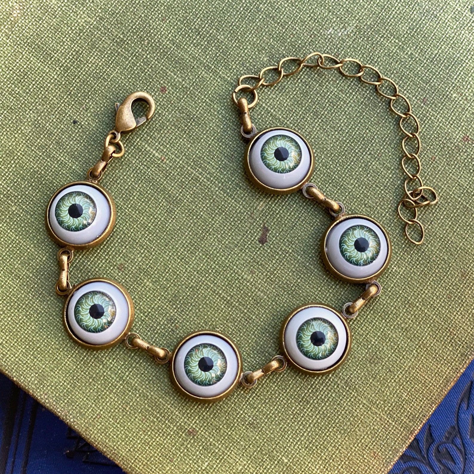 Eye Ball Bracelet in Antiqued Brass Choose Green Brown or Etsy