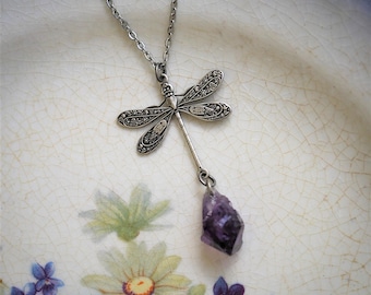 Dragonfly and Amethyst Pendant Necklace in Antique Silver