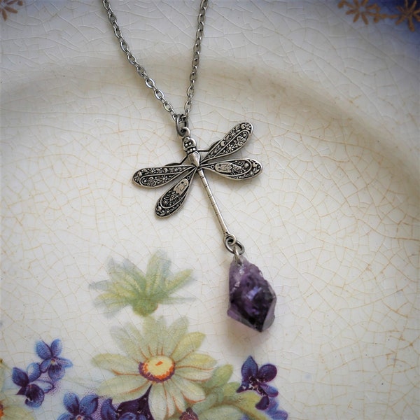 Dragonfly and Amethyst Pendant Necklace in Antique Silver