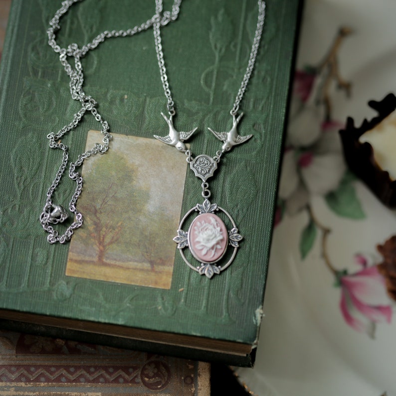 Victorian Rose Flower Cameo Necklace Choose a Color and Metal image 6