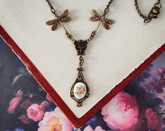 Rose Cabochon Necklace with Dragonflies in Antiqued Brass or Silver Choose Blue, Yellow, or Pink