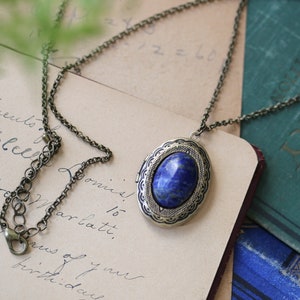 Something Blue Gemstone Keepsake Secret Photo Locket Vintage Style Oval Rock Necklace in Antiqued Silver or Dark Brass