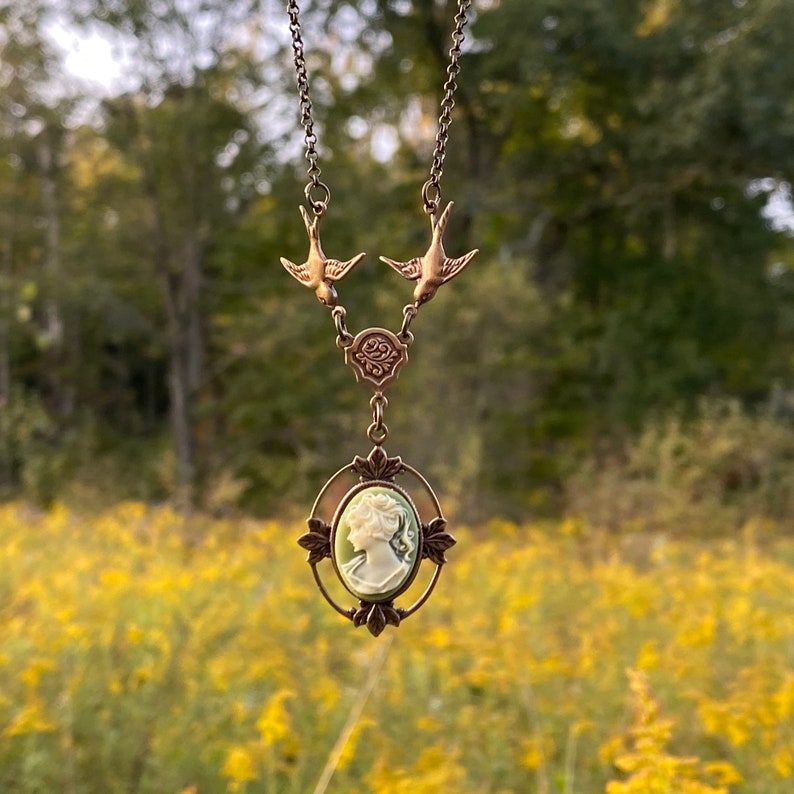 Victorian Lady Cameo Pendant Necklace Brass and Pink Vintage Style Green