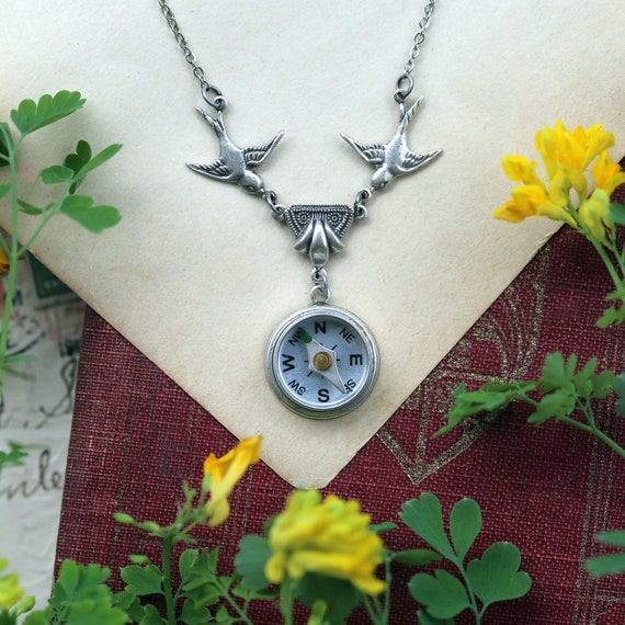 Compass Necklace Choose With Birds Dragonflies or Garden Vintage Style Filigree Etsy