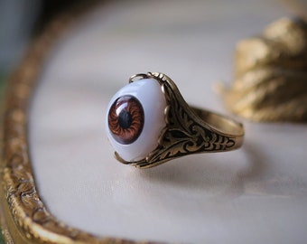 Brown Eye Ring in Antiqued Brass or Sterling Plate Vintage Style Adjustable Ring Band- Brown, Green or Blue