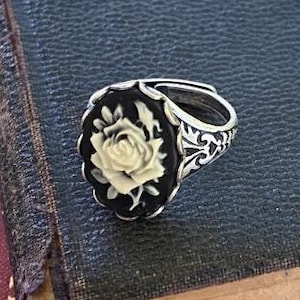 Silver Black Rose Cameo Ring in Antiqued Brass or Antiqued Silver