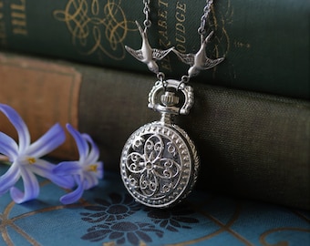 Flower Pocket Watch Necklace Silver Long, Optional Birds