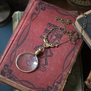 Monocle Pendant Filigree Necklace in Antiqued Silver or Brass 1 Leaf Flourish