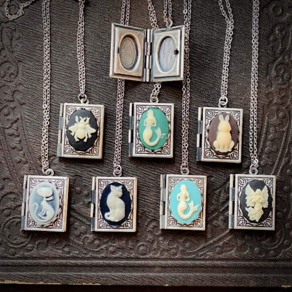 Cameo Book Locket Necklace in Antique Silver - Bee, Mermaid, Rabbit, Cat, Angel - Great as a gift for Book Clubs, Librarians, and Teachers.