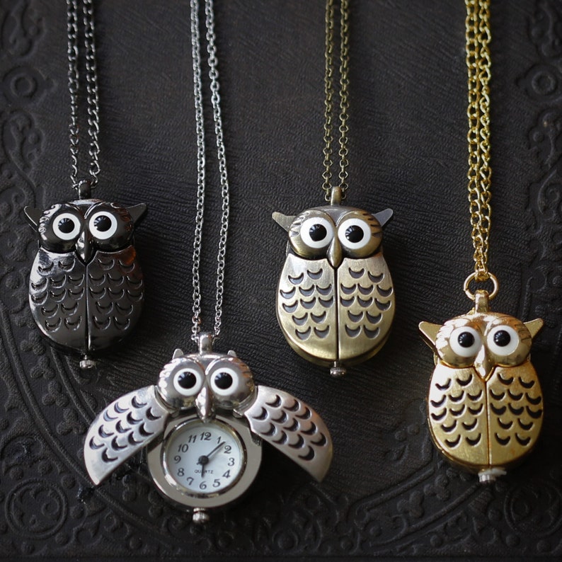 Battery watch owl bird necklaces in gold, brass, black gun metal, or silver