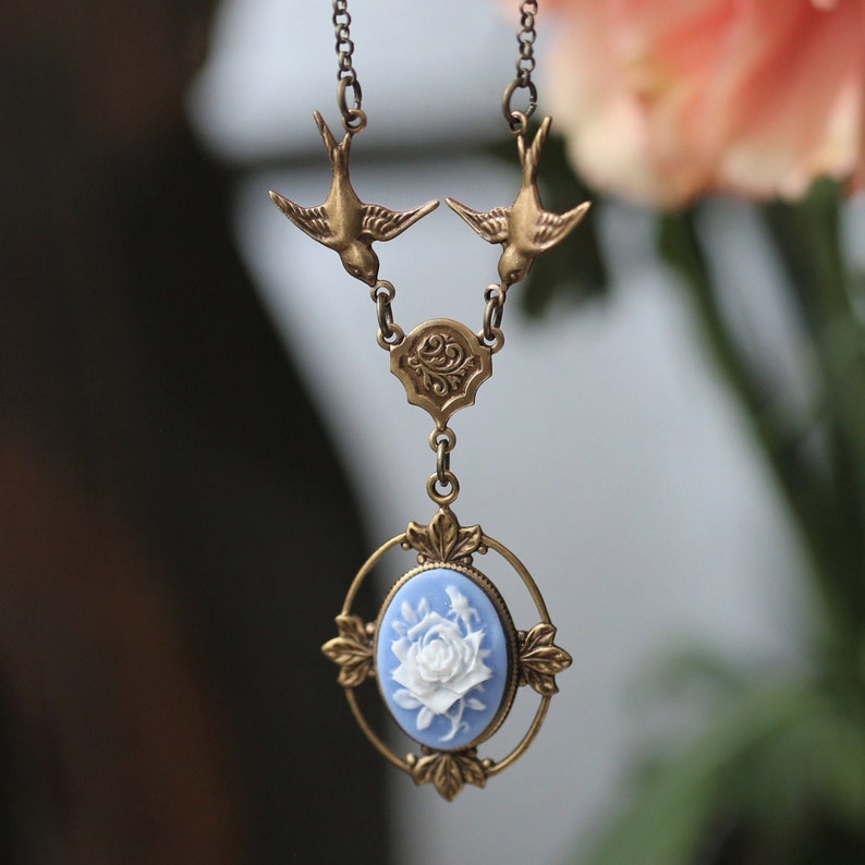 Victorian Rose Flower Cameo Necklace Choose a Color and Metal Blue