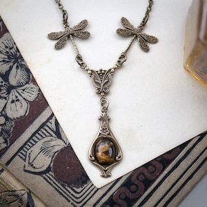 Gemstone Dragonfly Pendant Necklace, Semi-Precious Orange, Brown or Yellow Stone and Shell Jewelry in Antiqued Brass or Silver, Vintage
