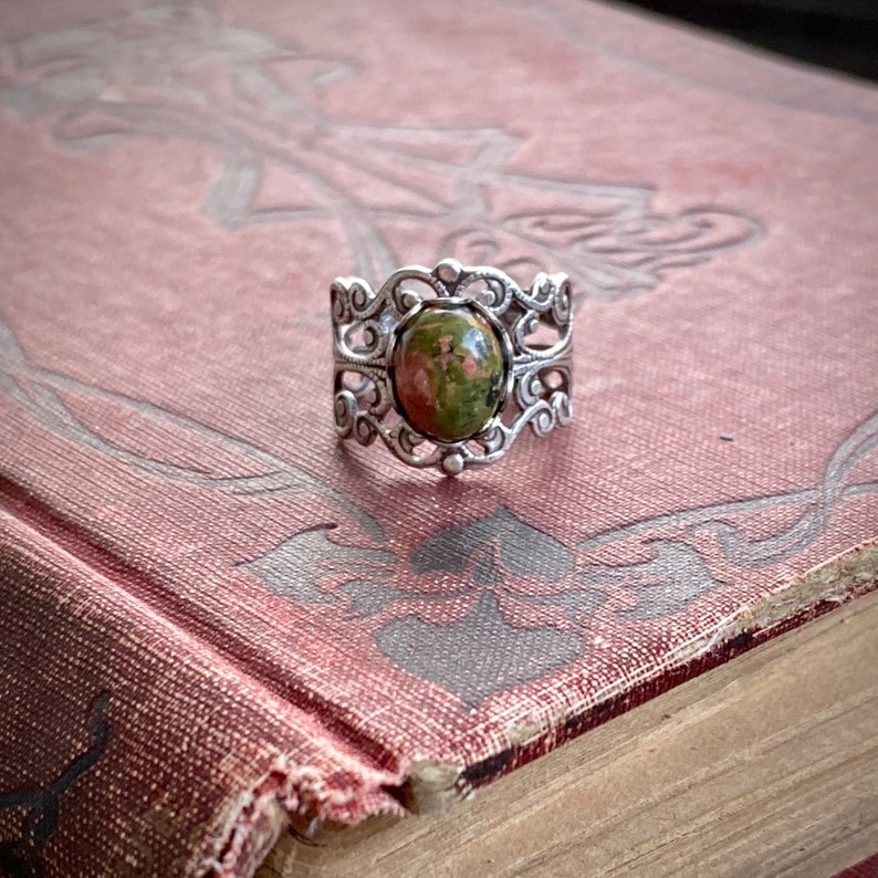 Unakite and Brass Stone Adjustable Filigree Ring orange and green 画像 10