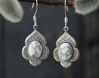 Howlite Stone Earrings on Vintage Style Base or Choose Obsidian, Cat's Eye, Black Onyx, or Gray Shell