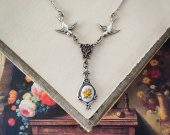 Rose Cameo Necklace with Birds in Antiqued Brass or Silver Choose Blue, Yellow, or Pink