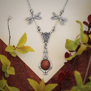 Mineral and Shell Vintage Style Dragonfly Necklaces in Orange to Golden Shades Goldstone