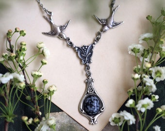 Witchy Gemstone Necklace in Silver or Brass, Gothic Wedding Gemstone, Witchy Jewelry, Goth Victorian Pendant, Boho Snowflake Obsidian Stone