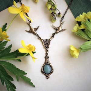 Celtic Green Gemstone Necklace with Birds and Aventurine in Antiqued Sterling Silver or Oxidized Brass, Vintage Irish Inspired Stone Pendant