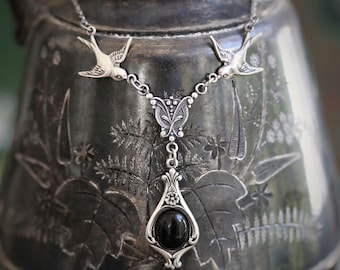 Romantic Goth Onyx Necklace in Sterling Silver or Brass, Whimsigoth Wedding Gemstone, Witchy Jewelry, Gothic Victorian Pendant, Black Stone