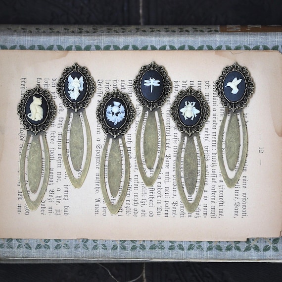 Bronze Bookmark with Cameos, choose: Bird, Bee, Dragonfly, Angel, Cat, Thistle