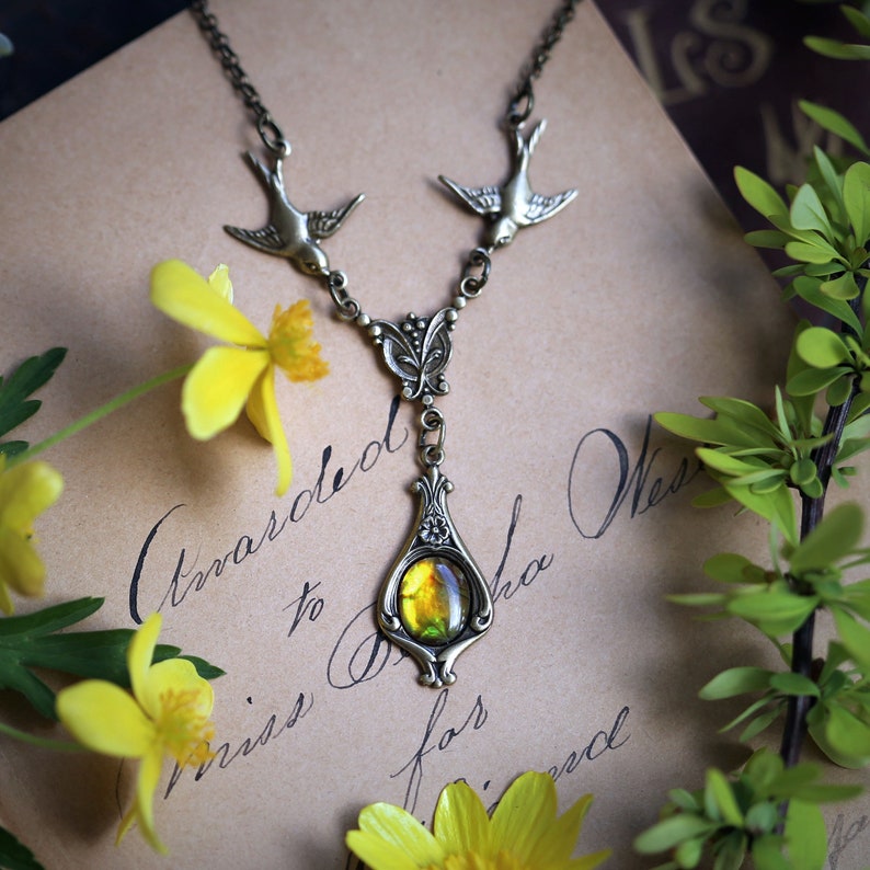 Lovely Victorian Stone Necklace with Birds in Antiqued Silver or Antiqued Brass Choose a Black Brown Yellow or Gray Stone or Shell Yellow Abalone