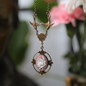 Victorian Rose Flower Cameo Necklace Choose a Color and Metal Pink