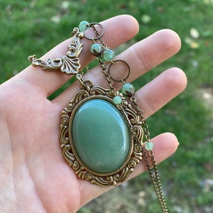 Green Aventurine Stone Pendant Necklace with Aventurine Beads and Filigree in Antiqued Brass