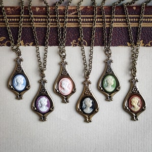 Lady Cameo Necklace in Antiqued Brass In Victorian Style  Choose a Color.   On 18-inch chain but I can adjust to any length upon request.