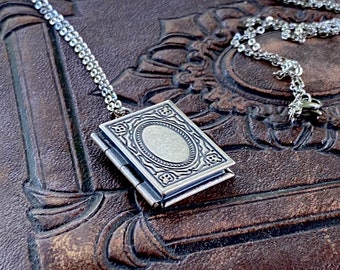 Book Locket Vintage Style Necklace in Antiqued Brass or Silver