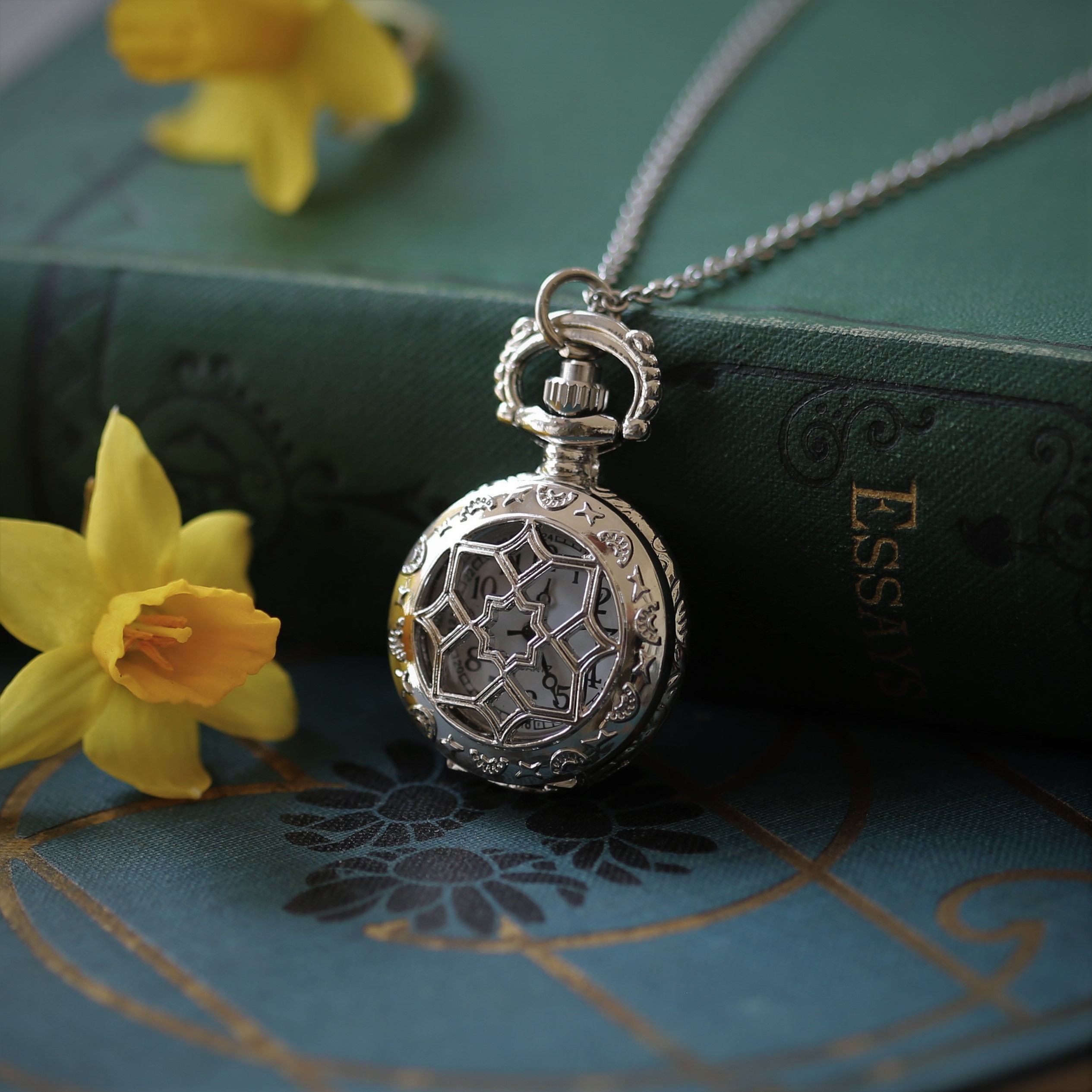 Silver Pocket Watch Necklace with Garden Design Works Perfectly Flower Pocket Watch Necklace Silver Long, Optional Birds - Etsy main image 4