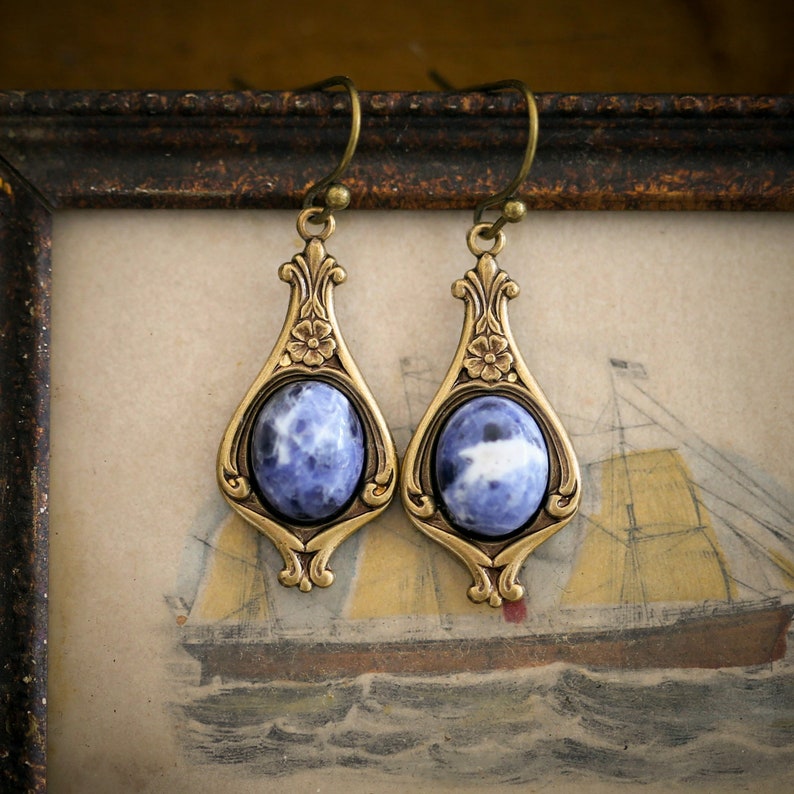 Antiqued brass blue and white stone drop earrings for sale from ragtader vintage
