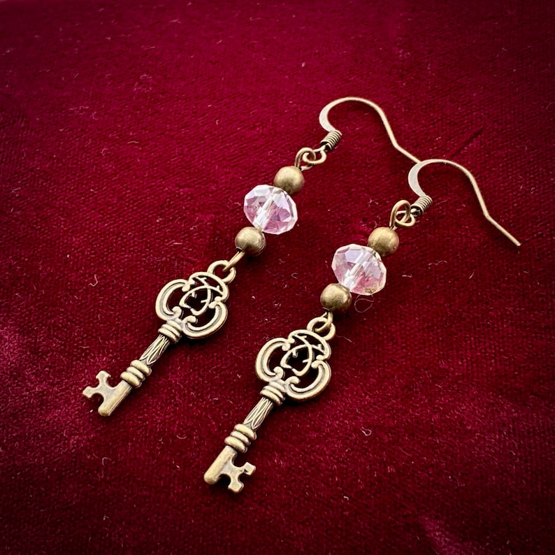 Bronze Key Charm Earrings With Glass Beads Etsy