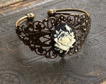 Rose Cameo Cuff Bracelet with Filigree- Black, Pink or Blue and Adjustable Bronze