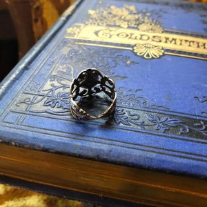 Pode incluir: Um anel de filigrana prateado com um delicado design floral. O anel est&aacute; sobre um livro azul com letras douradas.