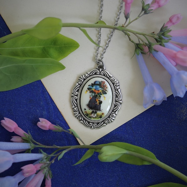 Vintage Holly Hobbie Girl Cabochon Set in Necklaces in Antiqued Brass or Silver - Choose a Character