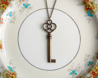 Skeleton Key Necklace Pendant in Vintage-Styled Union of the Heart Antiqued Brass or Silver Plate