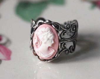 Pink Cameo Ring, Sterling Silver Filigree Band, Victorian Style