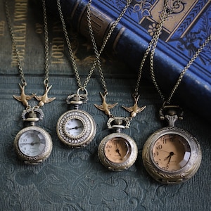 Brass Pocket Watch Necklace with Glass Front - Battery Operated - Choose one of Four Styles