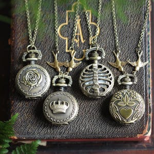 Pocket Watch Necklace Locket- Choose Rose, Crown, Ribs or Heart Working Pocket Clock Timepiece Useful Pendant