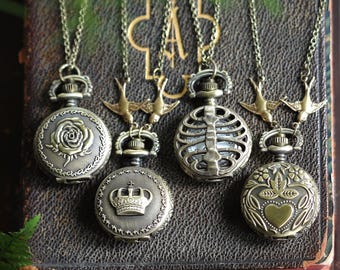 Pocket Watch Necklace Locket- Choose Rose, Crown, Ribs or Heart Working Pocket Clock Timepiece Useful Pendant