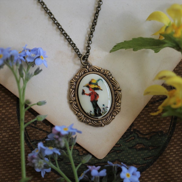 Vintage Holly Hobbie Cabochon Necklaces in Antiqued Brass or Silver - Choose a Character