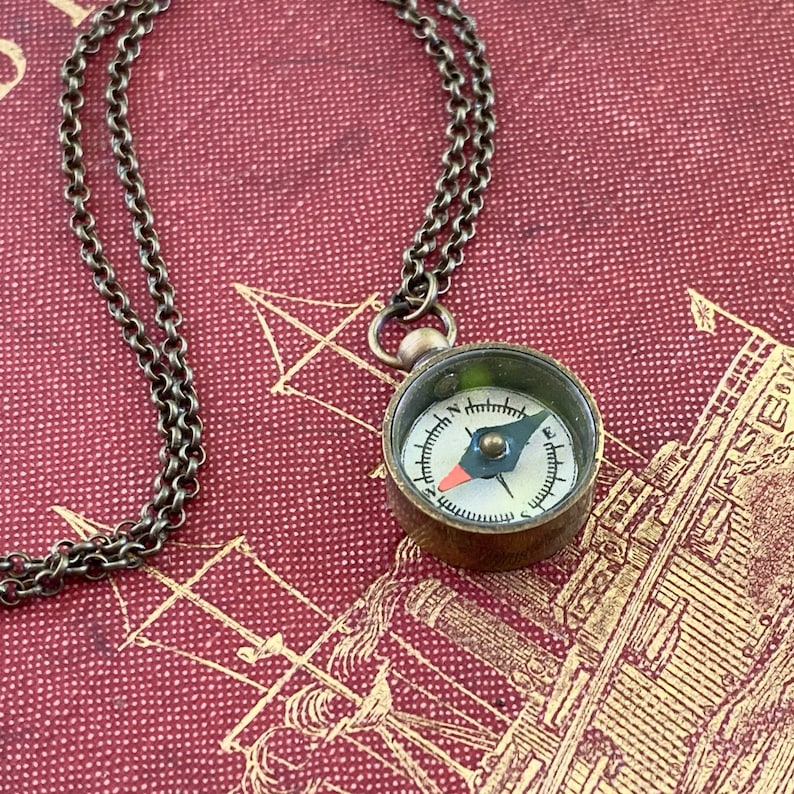 Small Working Compass Necklace in Antique Brass Etsy