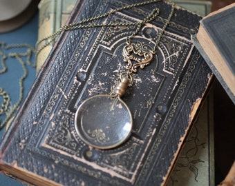 Victorian Style 5x Magnifying Glass Reader Necklace Monocle with Brass Filigree Chain