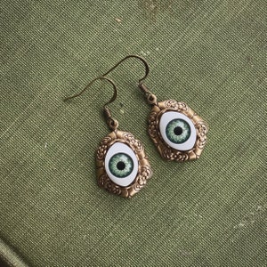 Eye Earrings in Antiqued Brass or Silver - Green, Blue or Brown Eye