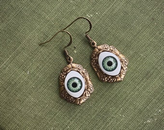 Eye Earrings in Antiqued Brass or Silver - Green, Blue or Brown Eye