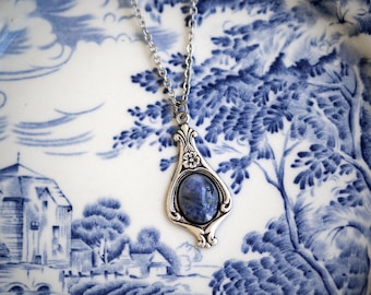 Blue and White Gemstone Necklace, Elegant Vintage Style Stone, Dainty Sodalite Pendant, Oxidized Sterling Silver, Something Blue Before I Do