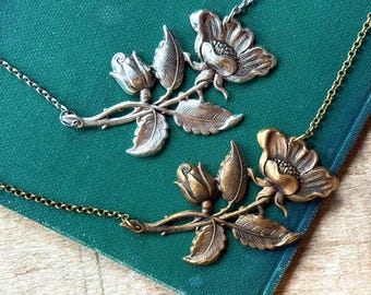 Victorian Rose Necklace in Brass or Silver, Vintage Flower Design Pendant Dark Romance